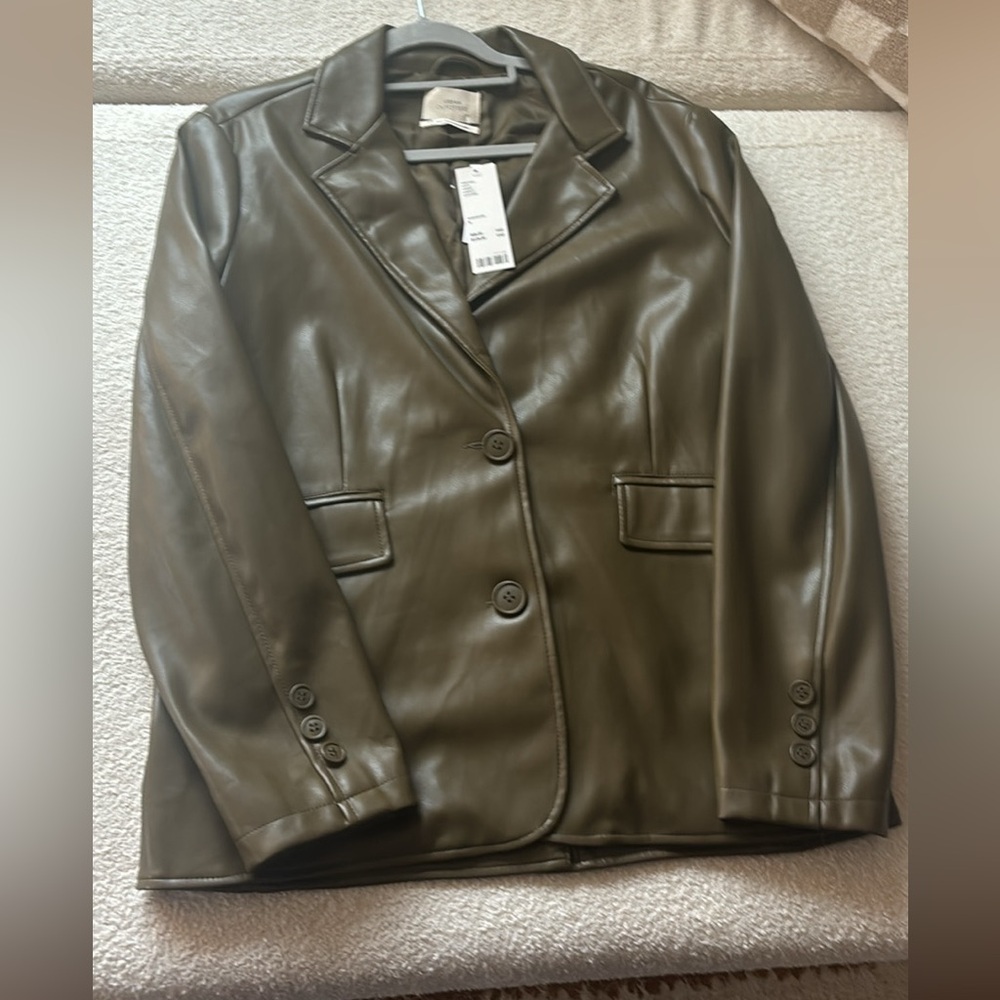 Army Green Leather Oversized Blazer Urban Outfitters